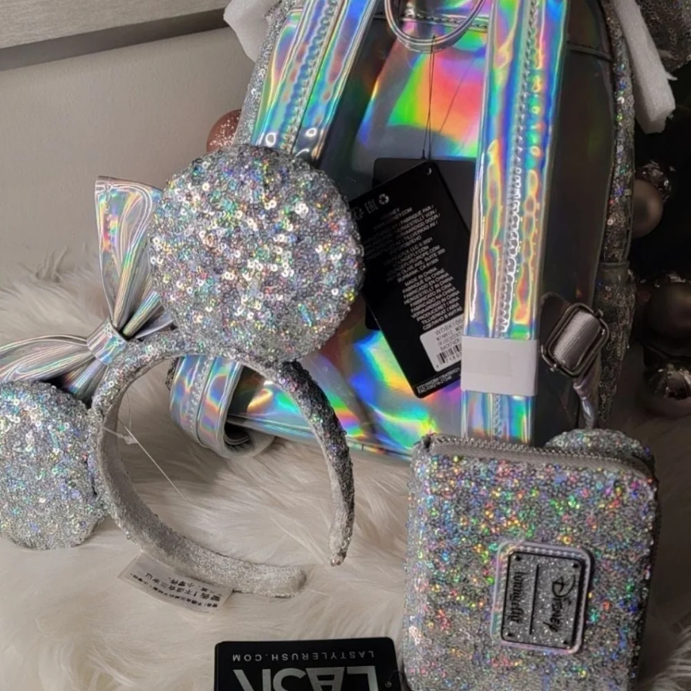 Set of 3!Silver Holographic Sequin Loungefly Backpack&Wallet&Ears